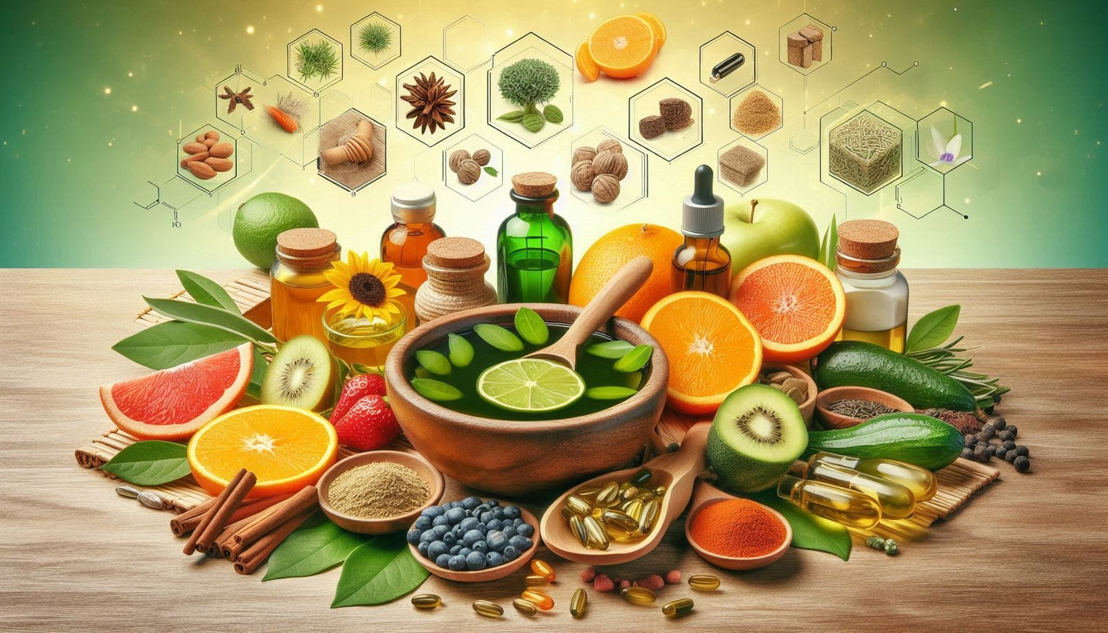 Productos naturales para la salud incluyendo suplementos herbales, alimentos orgánicos y aceites esenciales sobre una mesa.