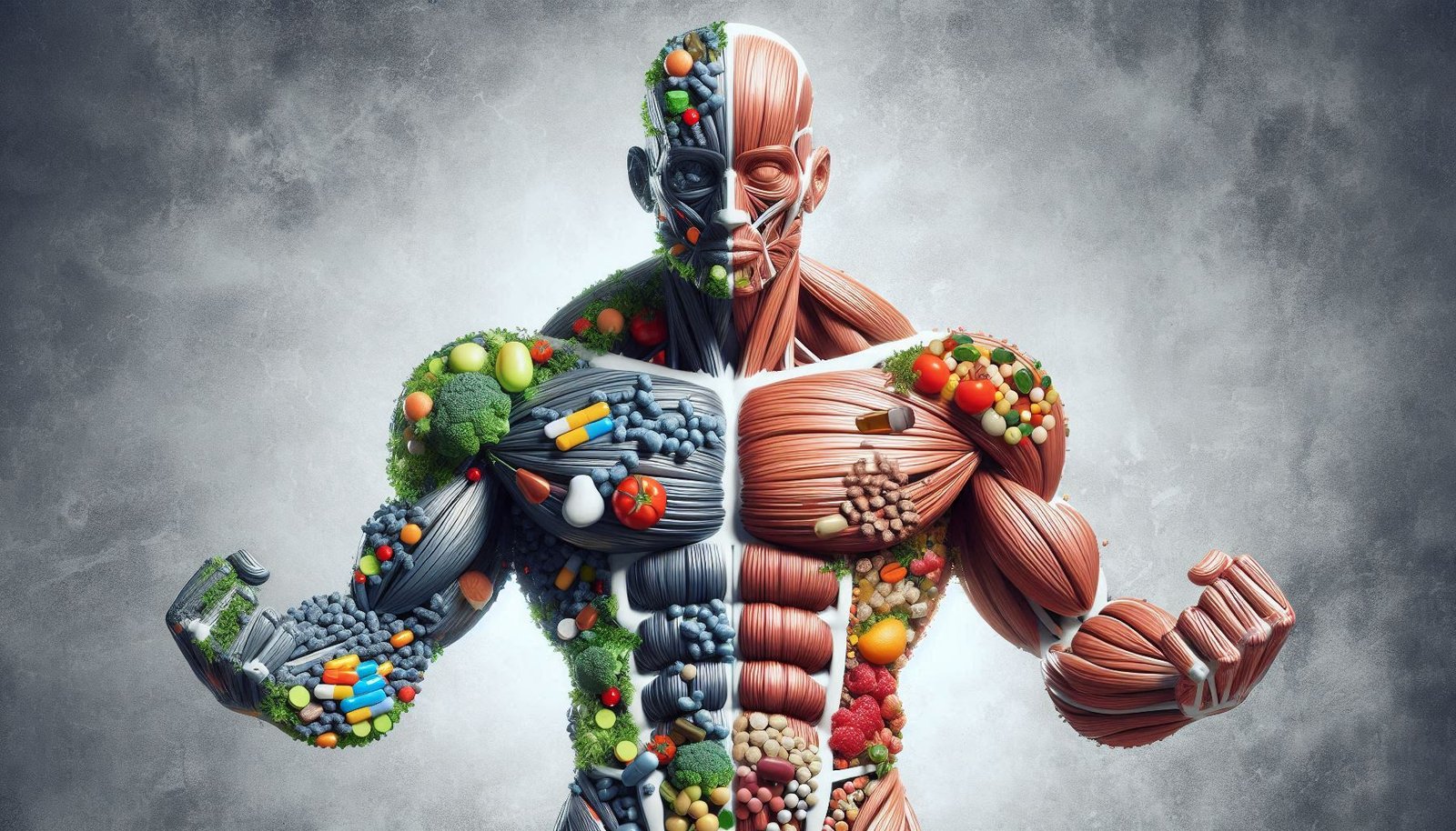 Ilustración de una figura musculosa dividida entre lo que son suplementos alimenticos y complementos alimenticios.