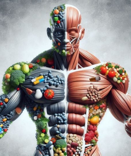 Ilustración de una figura musculosa dividida entre lo que son suplementos alimenticos y complementos alimenticios.