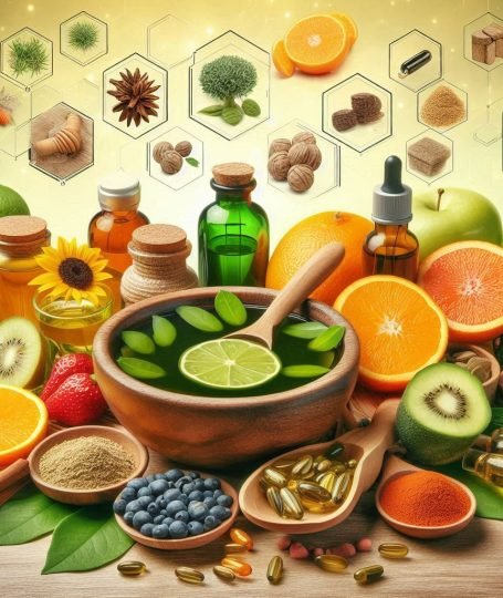 Productos naturales para la salud incluyendo suplementos herbales, alimentos orgánicos y aceites esenciales sobre una mesa.